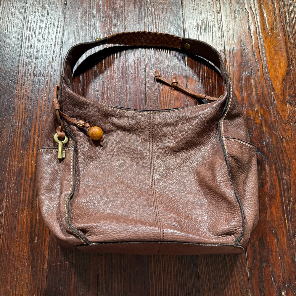 Fossil Hobo Bag Shoulder Purse Brown Pebbled Leather Braided Strap Key Charm